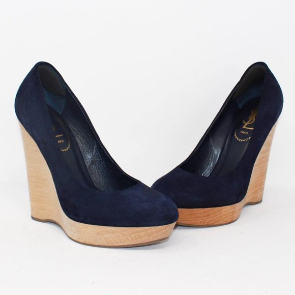 YSL #39101 Navy Blue Suede Wedges (US 7 EU 37)